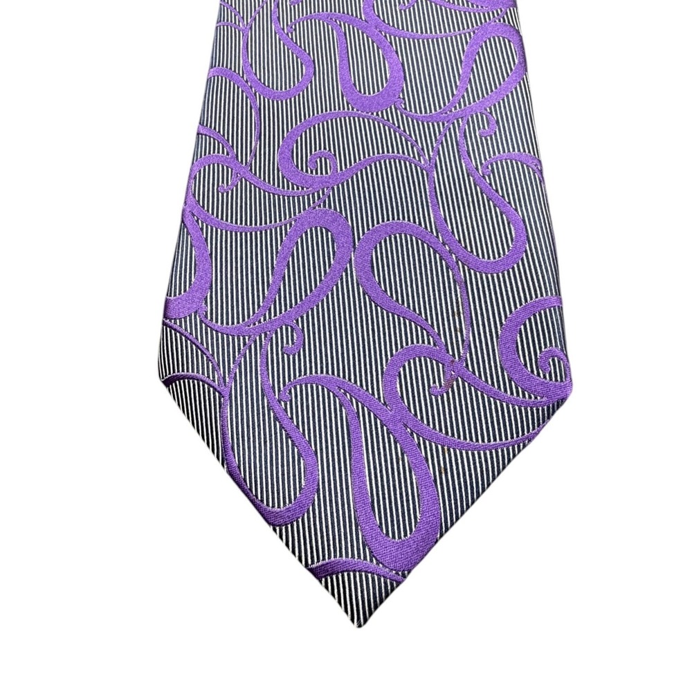 Ermenegildo Zegna Mens Tie Purple Gray Paisley Striped Silk Italy 59 in